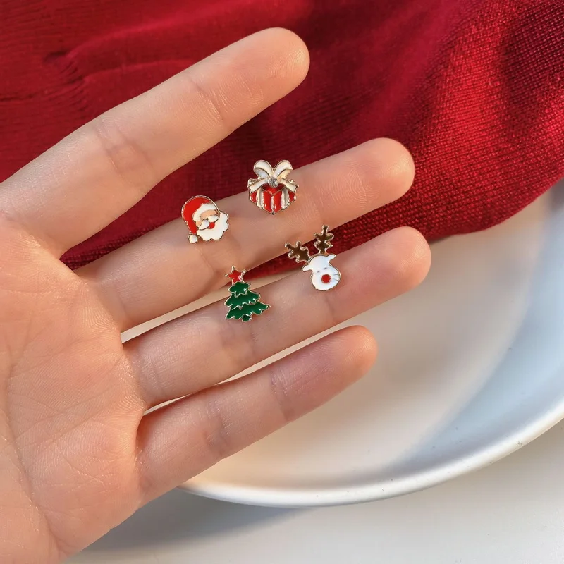 4 Pcs/set Cute Christmas Small Earrings For Women Girls Santa Claus Xmas Tree Elk Stud Earring Party New Year Daily Jewelry Gift-animated-img