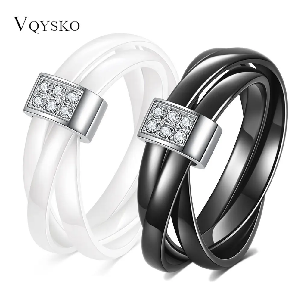 New Fashion Black White Beautiful Ceramic Ring For Women Aperture Cross Phase Set Titanium Steel Diamond Ring Jewelry Party Gift-animated-img