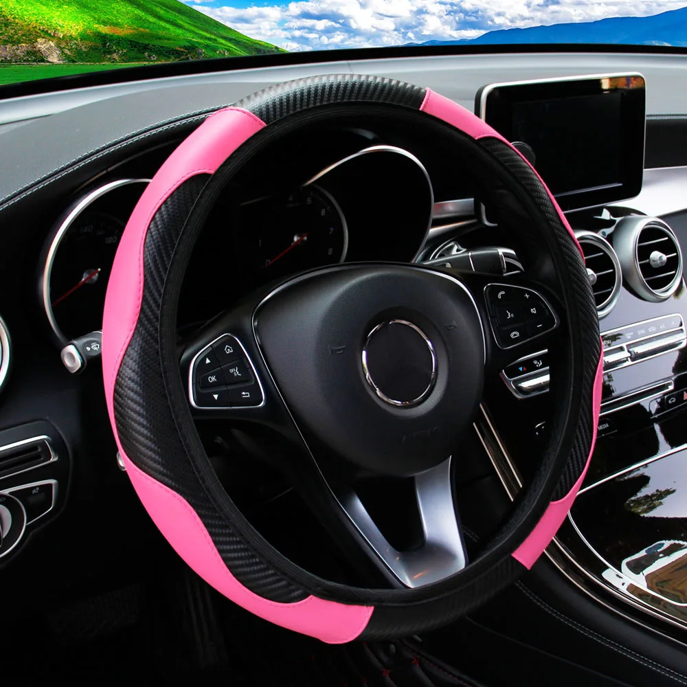 Car Steering Wheel Cover Breathable Anti Slip PU Leather Steering Covers Suitable 37-38.5cm Auto Decoration Carbon Fiber-animated-img