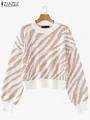 ZANZEA Fashion Long Sleeve Zebra Striped Sweater Stylish Autumn Sweaters Women Jumpers Casual Knitted Top Winter Loose Pullovers preview-2