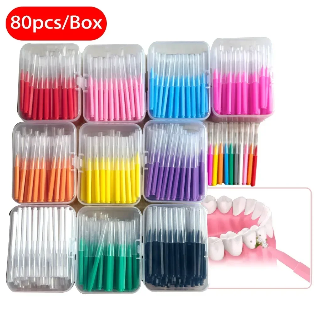 80 Pcs/Box I-type push pull interdental brush 0.6-1.5Mm Cleaning Between Teeth Oral Care Orthodontic I Shape Tooth Floss