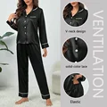 Plus Size Autumn and Winter Silk Pajamas Women Tops and Pants Solid Casual Soft Nightwear Buttons Cardigan Sleepwear Homewear preview-2