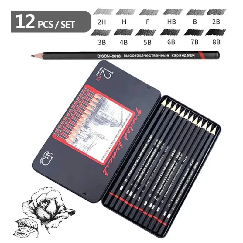 12pcs/set Drawing Pencil Pre-sharped Metal Box Packed 2H-8B Graphite Pencil Set for School Office Stationery Art Sketch Supplies-animated-img