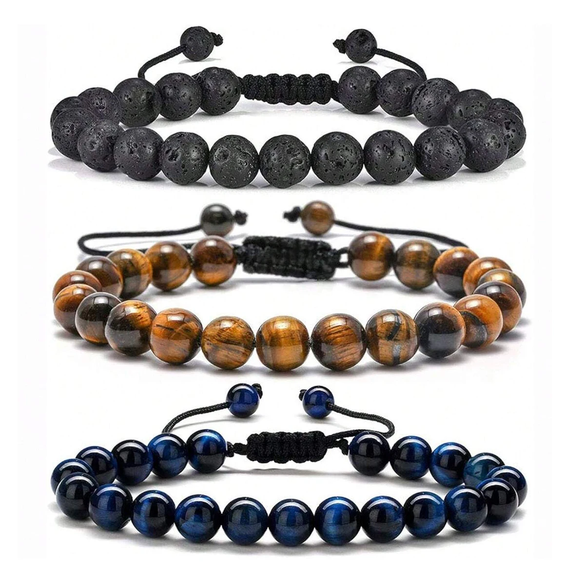 3 Style 8mm Natural Tiger Eyes Lava Rock Protection HANDMADE Bracelet Men's Gift-animated-img