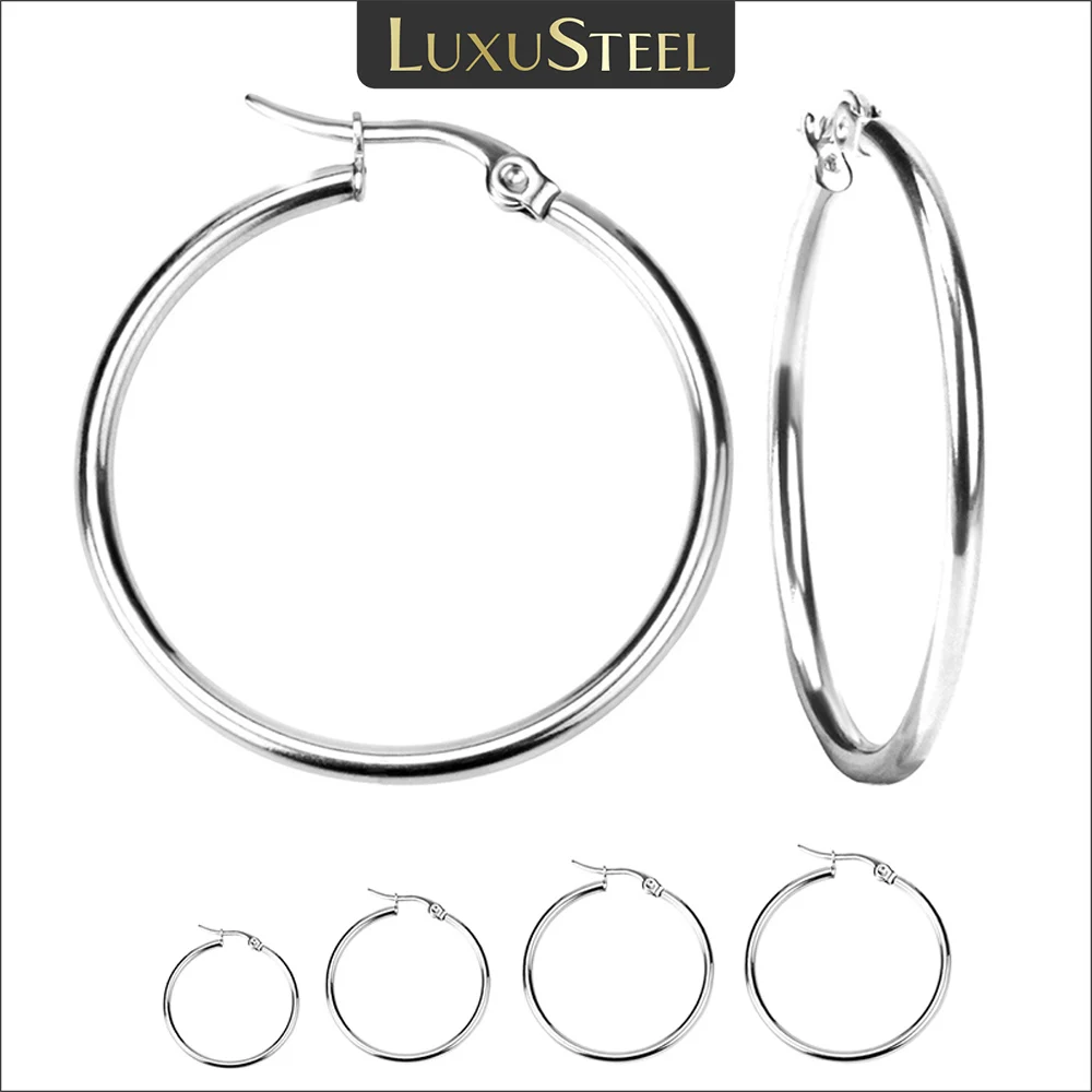 LUXUSTEEL 2Pcs 10-70mm Stainless Steel Hoop Earrings For Women Men Silver Color Round Small Big Circle Huggies Punk Jewelry-animated-img