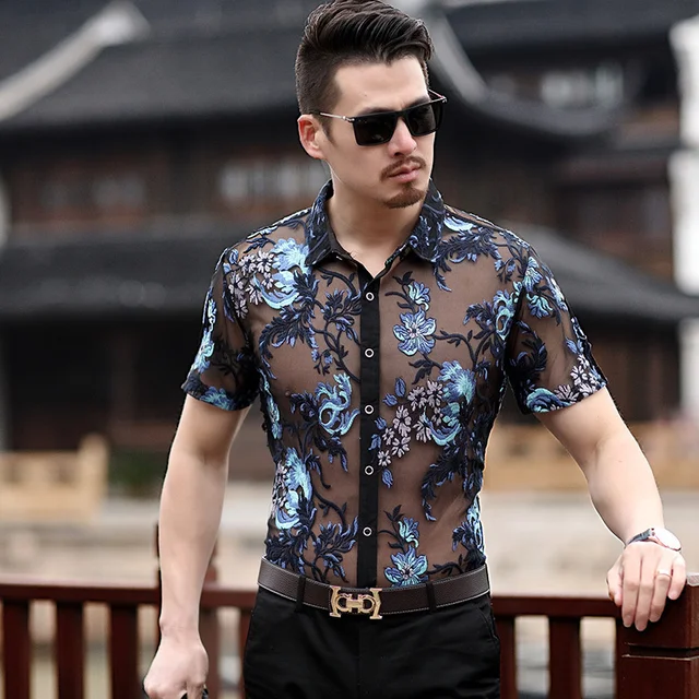 mens short sleeve lace shirt