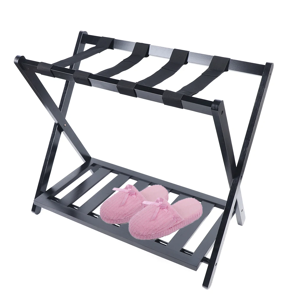 2 Layer Folding Luggage Rack w/ Shelf , Suitcase Luggage Rackfor Guest Room, Black-animated-img