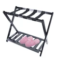 2 Layer Folding Luggage Rack w/ Shelf , Suitcase Luggage Rackfor Guest Room, Black