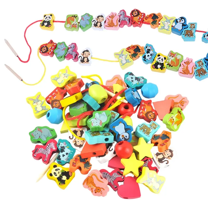 26pcs Wooden Toys Baby DIY Toy Cartoon Fruit Animal Stringing Threading Wooden Beads Toy Monterssori Educational for Kid-animated-img