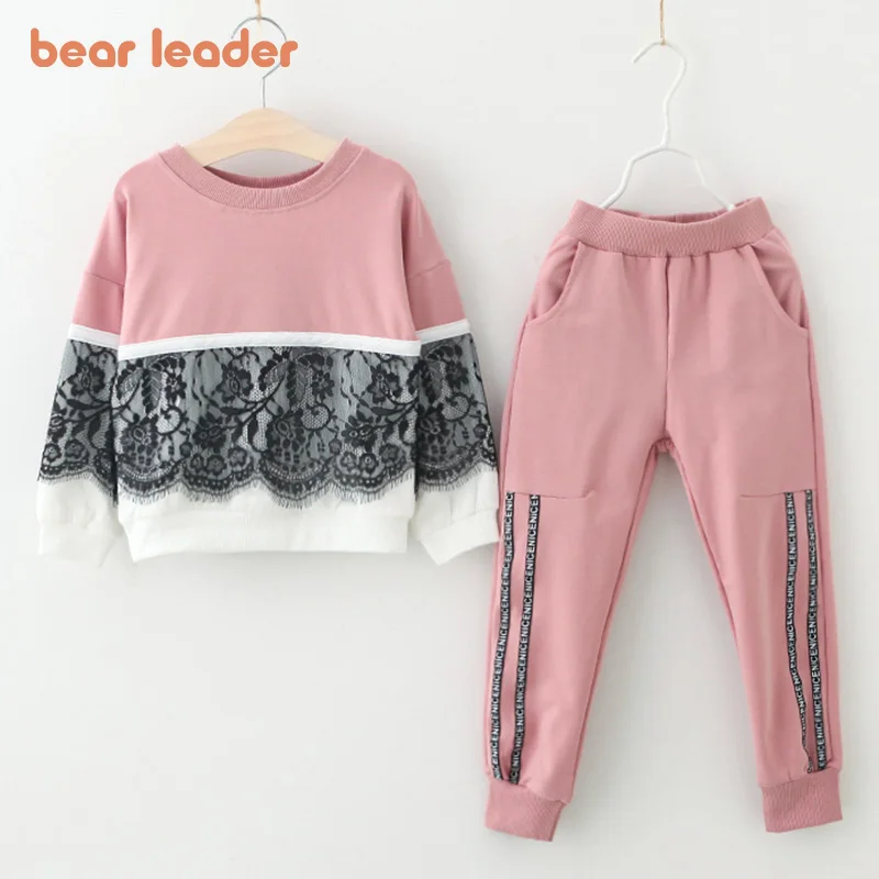 Bear Leader Girls Clothing Sets New Spring Active Girls Clothes Lace Children Clothing Cartoon Print Sweatshirts Pants Suit 3-7Y-animated-img