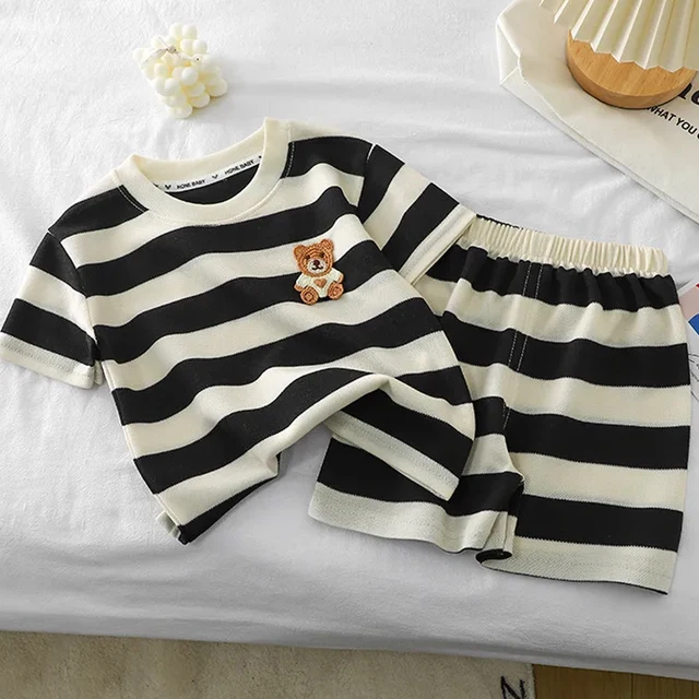 Stripe Bear Boys' Summer T-Shirt+Shorts 2PCS Set Girl Clothing Summer New Children's Fashion Short Sleeve Tracksuit 2 to 6 Years-animated-img