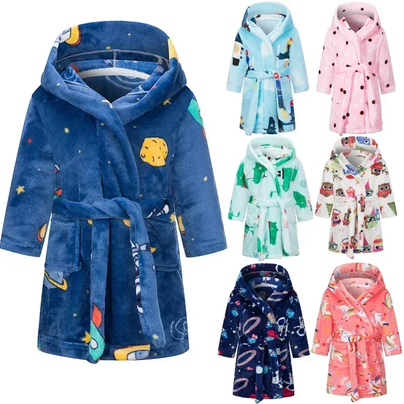 Soft Girl Sleepwear Robe Autumn Winter Children Flannel Bathrobe for Girls Boys Pajamas Fleece Kids Cartoon Homewear 2-14 Years-animated-img