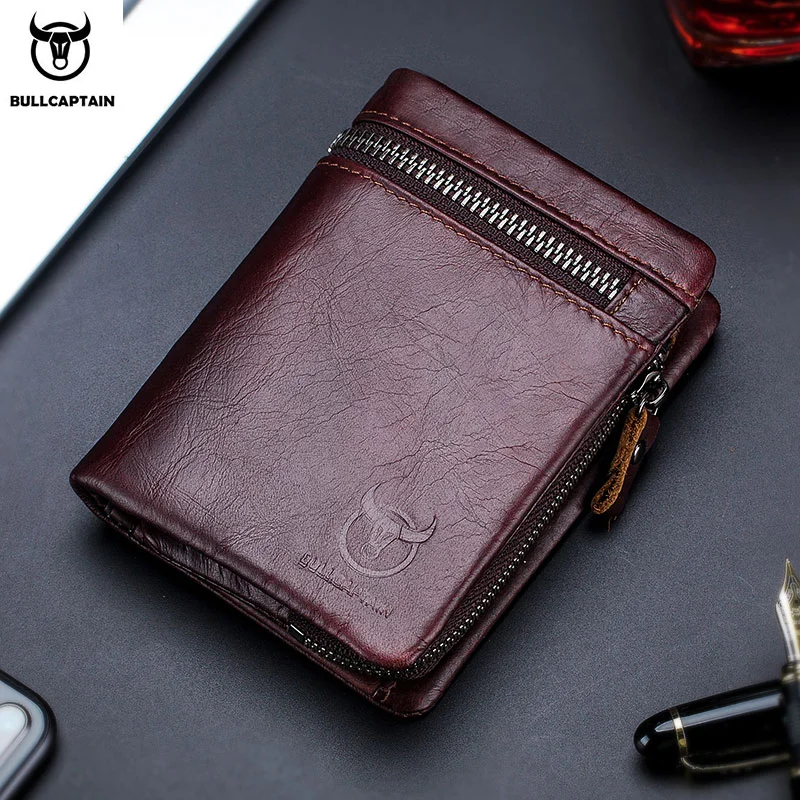 BULLCAPTAIN Short Tri-Fold Buckle Zipper Wallet Men's Cow Leather Wallet Coin Purse Money Bag Business Card Holder RFID Holder-animated-img