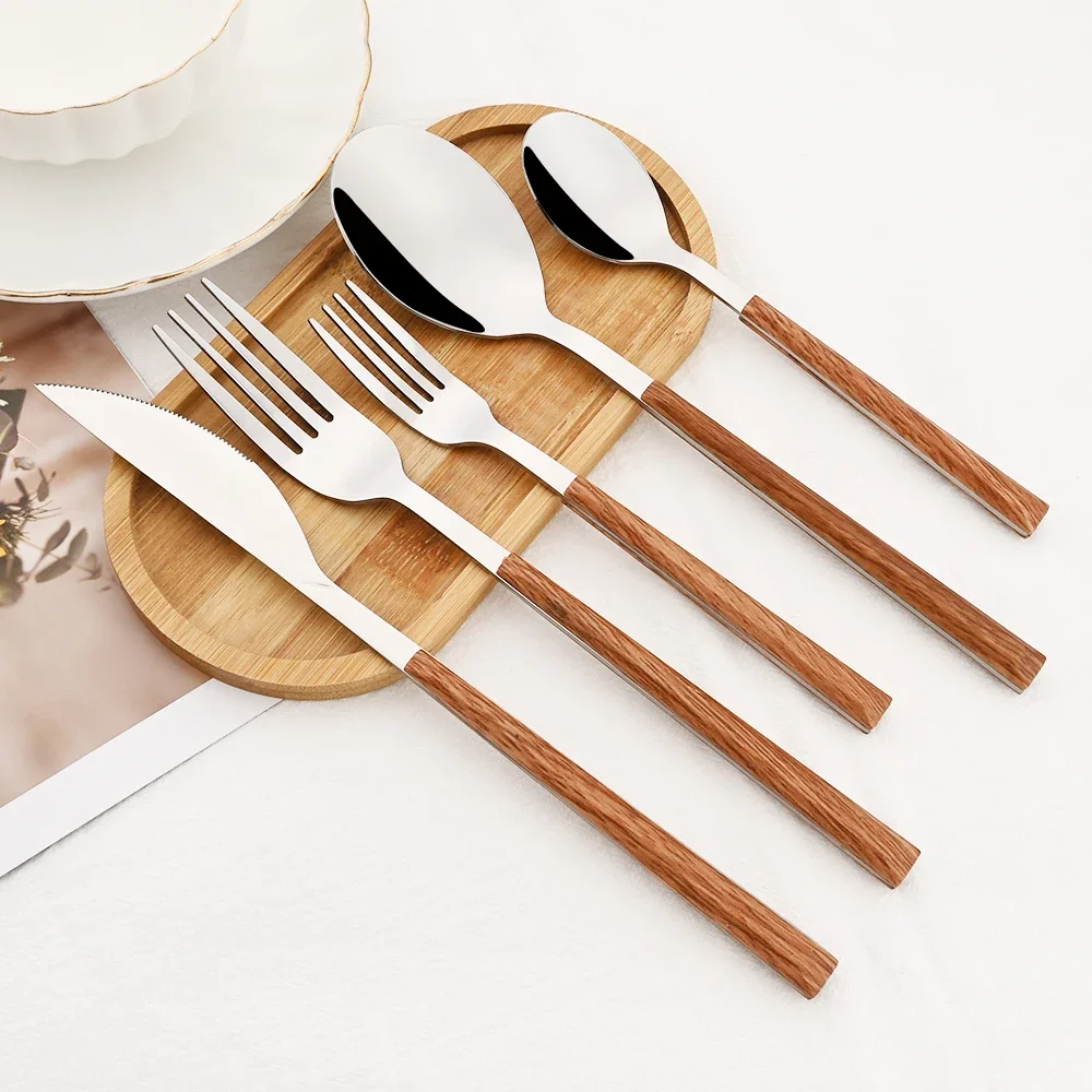 16/24/30Pcs Stainless Steel Imitation Wooden Handle Cutlery Set Dinnerware Clamp Western Tableware Knife Fork Tea Spoon-animated-img