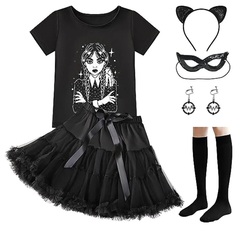 Carnival Wednesday Addams Costume For Girls Casual Short Sleeve Tops+Dress With Accessories Earrings Suits Birthday Party 3-10Y-animated-img