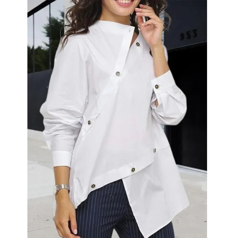 Gymystars Women Clothing White Blouses Casual Commuting Asymmetric Buttoned Split-Front Long Sleeves Simple Tops Female Shirts preview-5