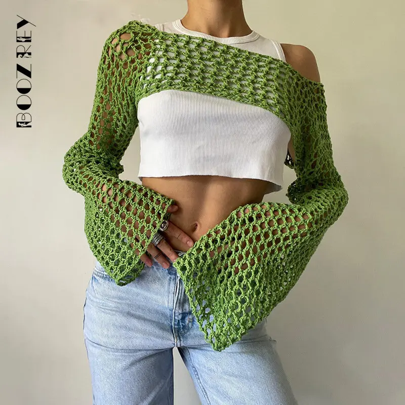 BoozRey NEW 2023 Casual Summer Green Long Sleeve Smock Knitted Crop Top Women Y2k Beach Sexy Backless Hollow Out T Shirts Party