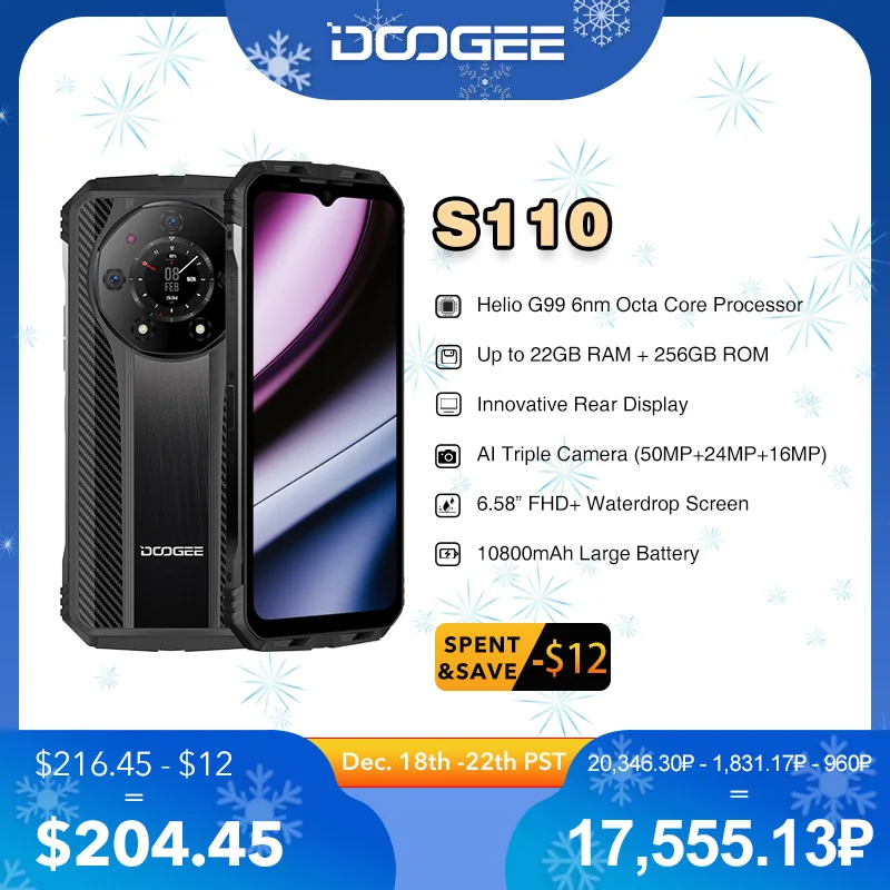 DOOGEE S110 Rugged Phone 6.58” FHD Waterdrop Screen Helio G99 Octa Core 66W  Fast Charging 10800mAh Battery Phone