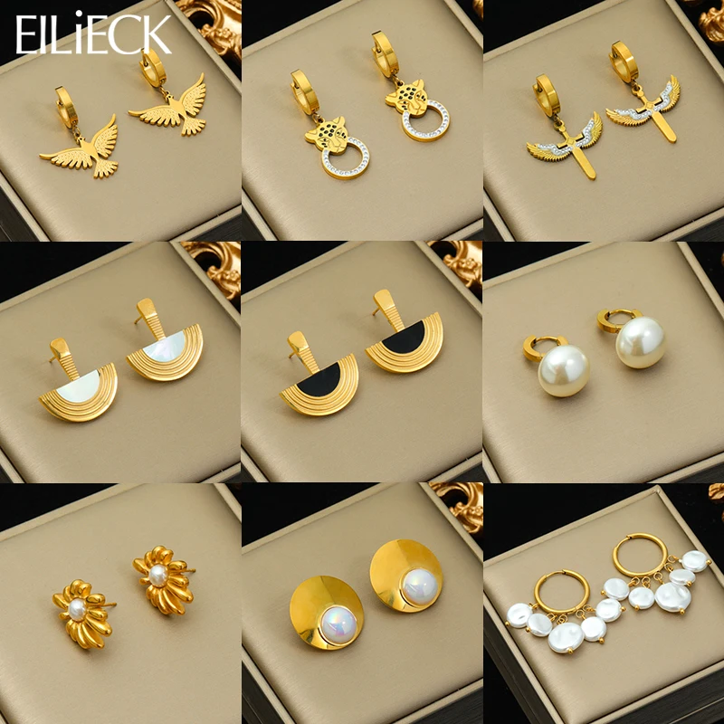 EILIECK 316L Stainless Steel Phoenix Leopard Cross Pearl  Earrings For Women Girl Fashion New Waterproof Ear Jewelry Gift Party-animated-img