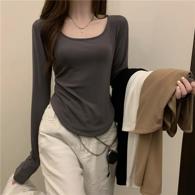 Women Square Collar Long Flare Sleeve Solid Irregulra T-shirts Korea Slim Lady Tee Tops CDPF-WYP-6806