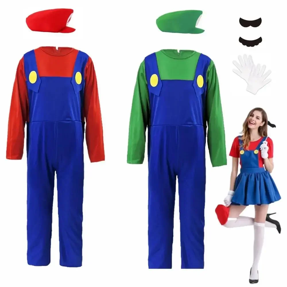 Game Plumber Bros Cosplay Costumes Funny Halloween Carnival Outfits for Men Women Fancy Jumpsuit with Hat Mustache Gloves-animated-img