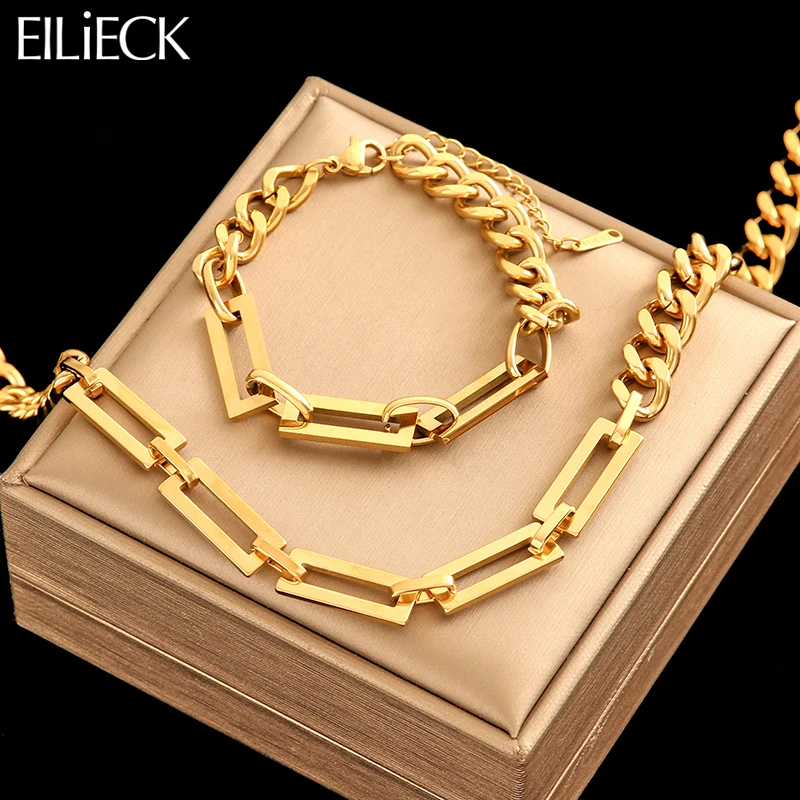 EILIECK 316L Stainless Steel Geometric Waterproof Thick Golden Chain Necklace Bracelet Jewelry Set Texture Polished Charm Collar-animated-img