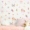 Boho Pink Cartoon Unicorns Castle Clouds Love Watercolor Wall Stickers for Kids Room Baby Nursery Room Wall Decals Home Decor