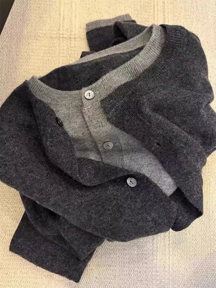 Fake two 100% pure cashmere sweater cardigan dark grey high-grade wool knit coat top-animated-img