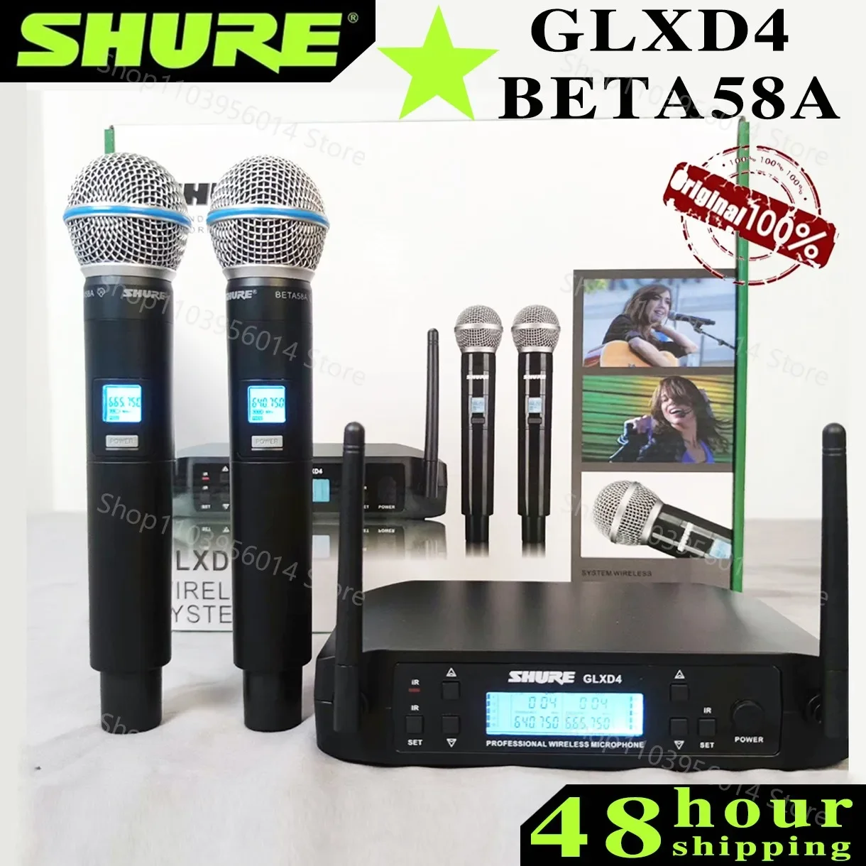 Shure GLXD 4 BETA 58A Wireless Microphone Set 2 Handheld Microphones Dynamic Professional Handheld Party Stage Karaoke640-690MHZ-animated-img