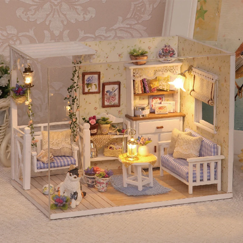 Kitten Mini Wooden Doll House Model Building Kits Toy Home Kit Creative Room Bedroom Decoration with Furniture For Birthday Gift-animated-img