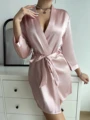 Solid Satin Night Robe Long Sleeve V Neck Robe With Belt Women's Sleepwear preview-4