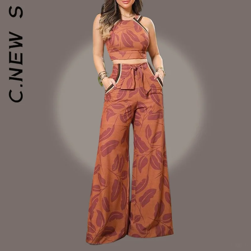 C.New S 2022 Summer Leaf Print Sleeveless Top & Pants Set Women Two Piece Set