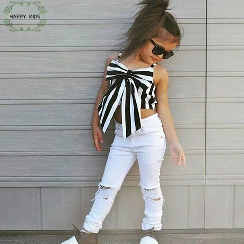2023 Fashion Girls Suit New Style Tops + Pants 2 Pieces The Strapless Set Kids Bowknot Hole Pants Cute Girls Clothing Set-animated-img