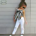 2023 חליפת נערות אופנה סגנון חדש צמרות + מכנסיים 2 חלקים סט סטרפלס מכנסיים חור פפיון לילדים סט בגדים חמוד בנות