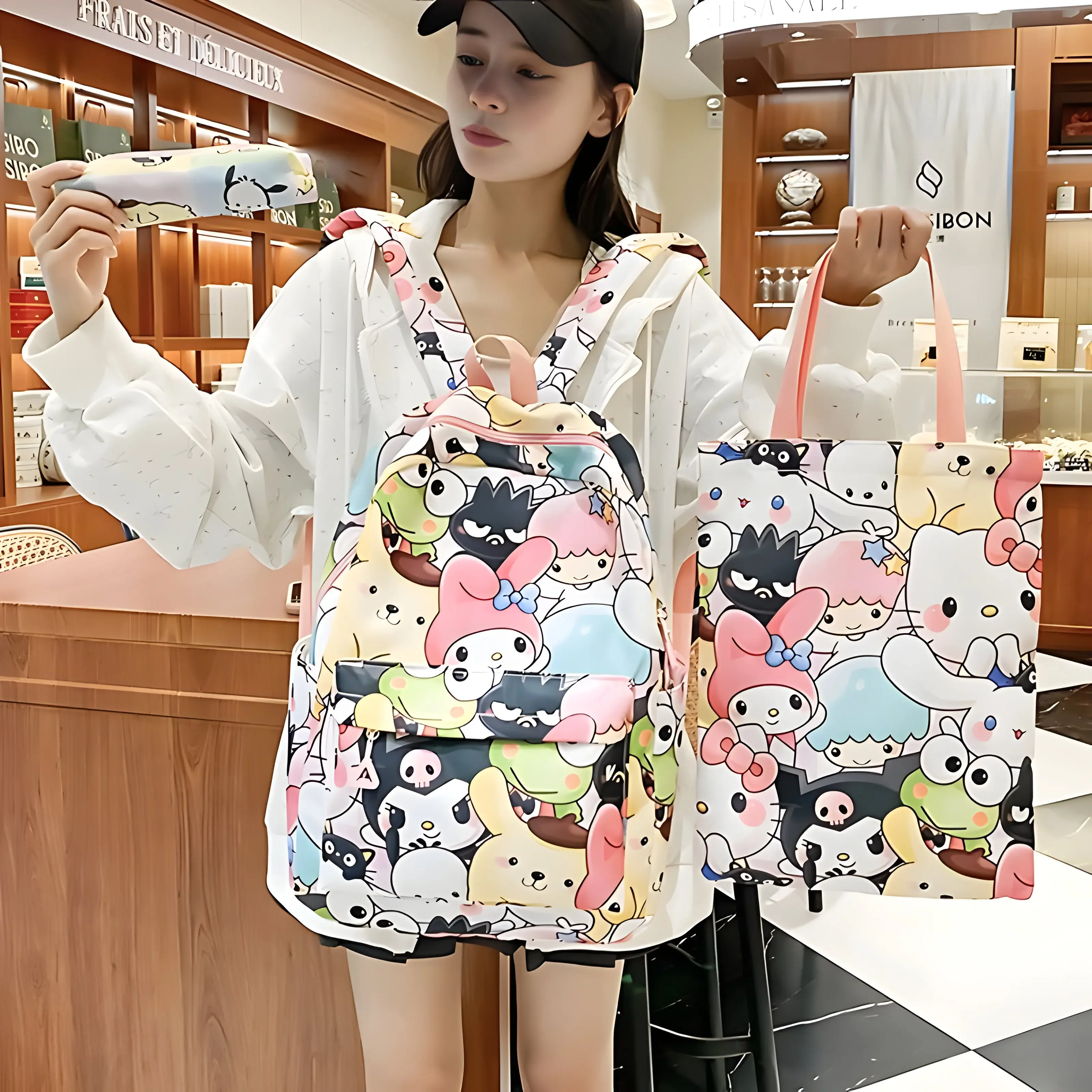 3pcs Cinnamoroll Hello Kitty Sanrio Backpack Set, Kuromi Tote Shoulder Handbag, Casual Outdoor Daypack with Pencil Bag-animated-img