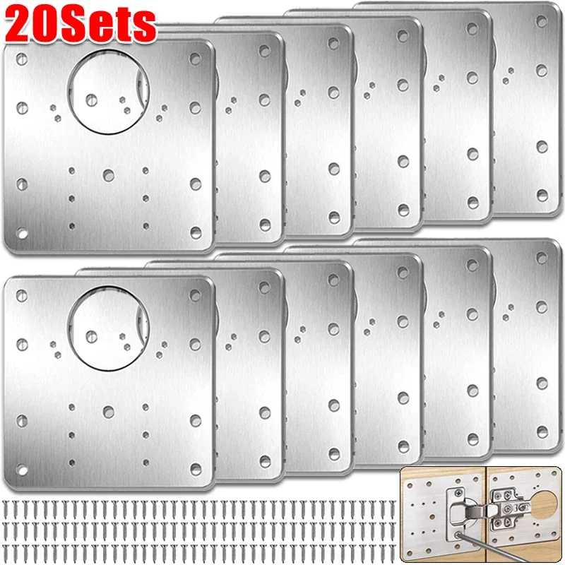 Cabinet Door Hinge Repair Plate Kit Stainless Steel Furniture Wardrobe Hinge Mounting Plate with Screw Flat Fixing Bracket Tools-animated-img