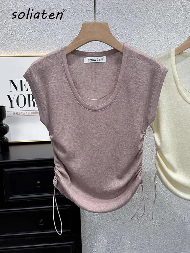 Sexy Side Drawstring Tie Up Ruched Tank Tops Women Solid Color Slim Crop Top Ladies Streetwear Ribbed Knitted Tees B-028-animated-img