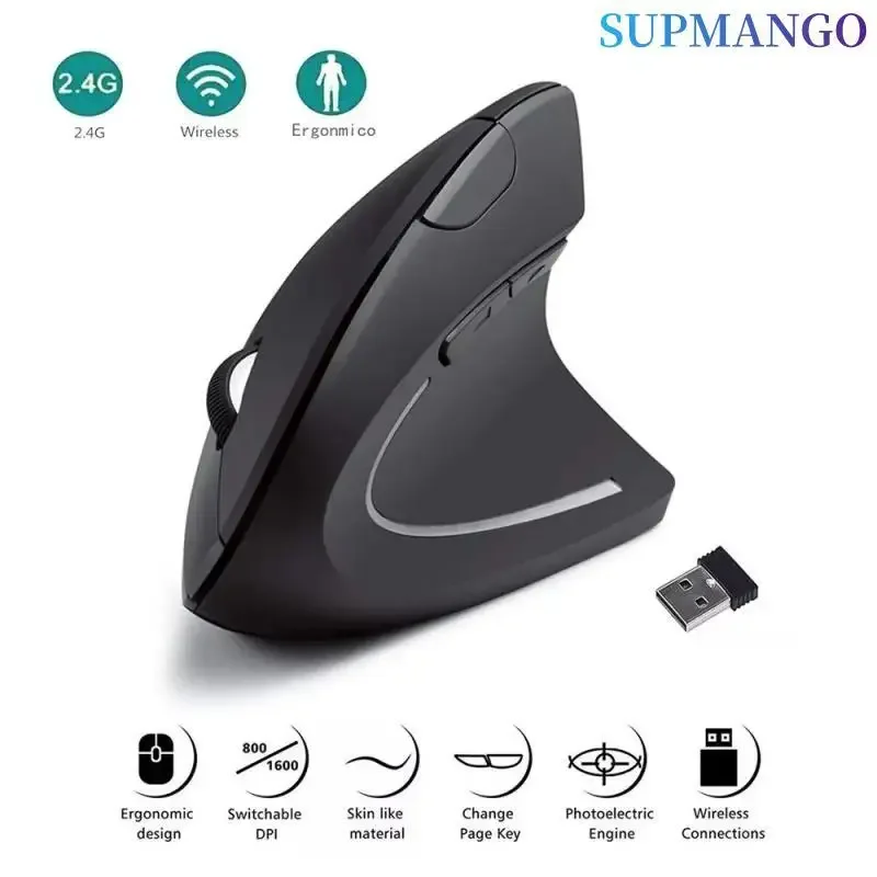 Vertical Mouse Ergonomic 2.4GHz Wireless Optical Mice 3 Adjustable DPI 800/1200/1600 6 Buttons for Laptop PC Computer Desktop-animated-img