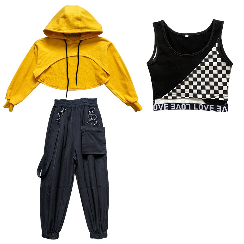 Hip Hop Costumes Long Sleeve Yellow Tops Black Pants For Girls Ballroom  Jazz Dance Clothes Street
