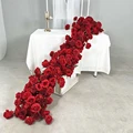 Artificial Red Rose Green Plants Flower Row Long Runner Wedding Backdrop Decor Floral Arrangement Party Props Table Centerpiece preview-3