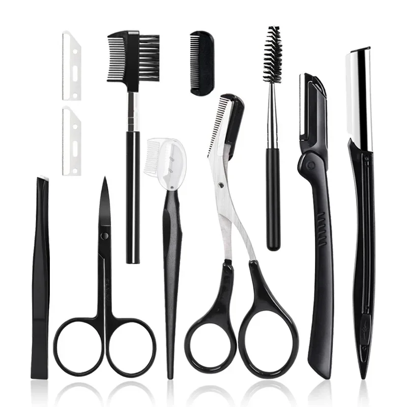 Black Eyebrow Trimming Scissors Stainless Steel Tweezers Eyebrow Scraping Eyebrow Comb Razor Eyebrow Clip Makeup Tools Sets-animated-img