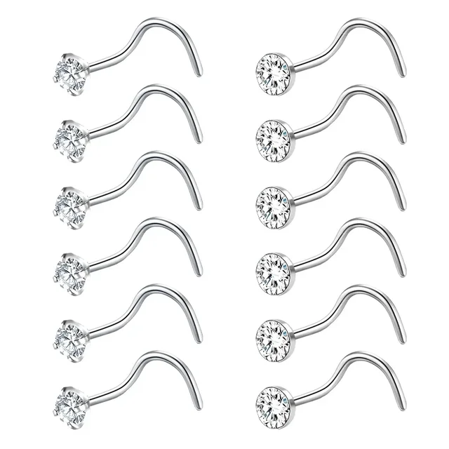 12PCS Fashion Stainless Steel Crystal Nose Septum Piercing Studs Mini Nose Ring Earrings Studs Body Piering Jewelry for Women-animated-img