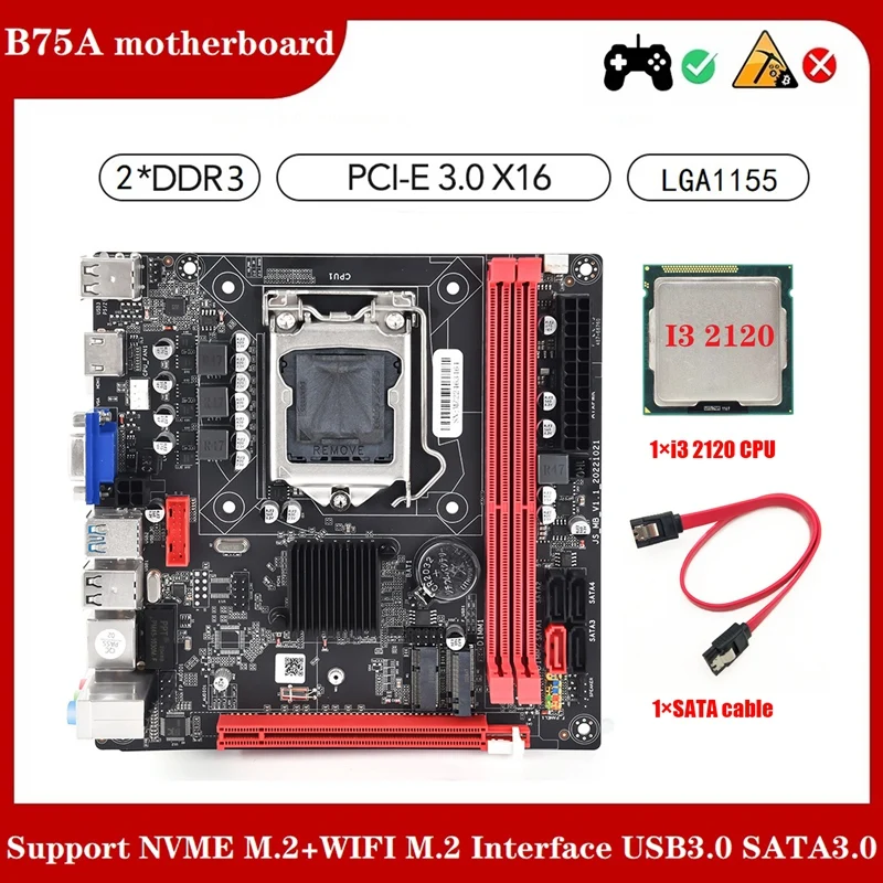 B75 (B75A) LGA1155 Motherboard+I3 2120 CPU+SATA Cable Supports 2XDDR3 Slot NVME M.2+WIFI M.2 USB3.0 SATA3.0 Motherboard
