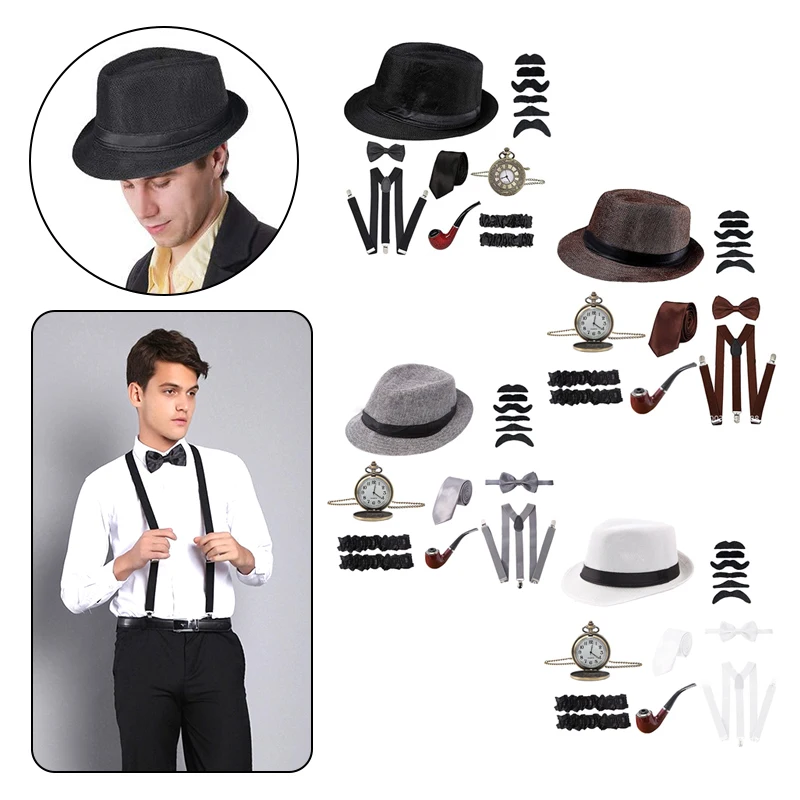 Retro 1920S 20S Cosplay Gangster Set Men Party Props Berets Cigar Suspender Pocket Watch Gatsby Costume Accessories Set-animated-img