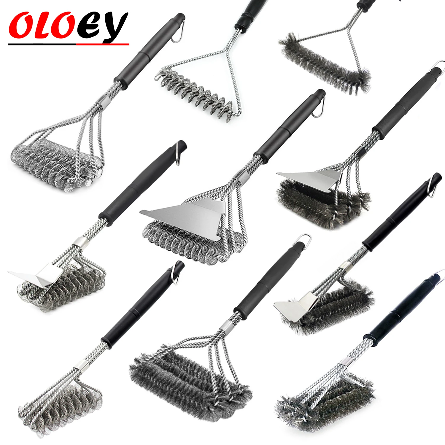 Kitchen Accessories BBQ Grill Barbecue Kit Cleaning Brush Stainless Steel Cooking Tools Wire Bristles Triangle Cleaning Brushes-animated-img
