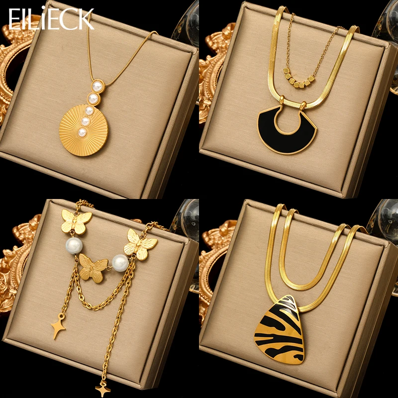 EILIECK 316L Stainless Steel Geometric Butterfly Tiger Print Necklace For Women Fashion Neck Chain Waterproof Jewelry Gift-animated-img