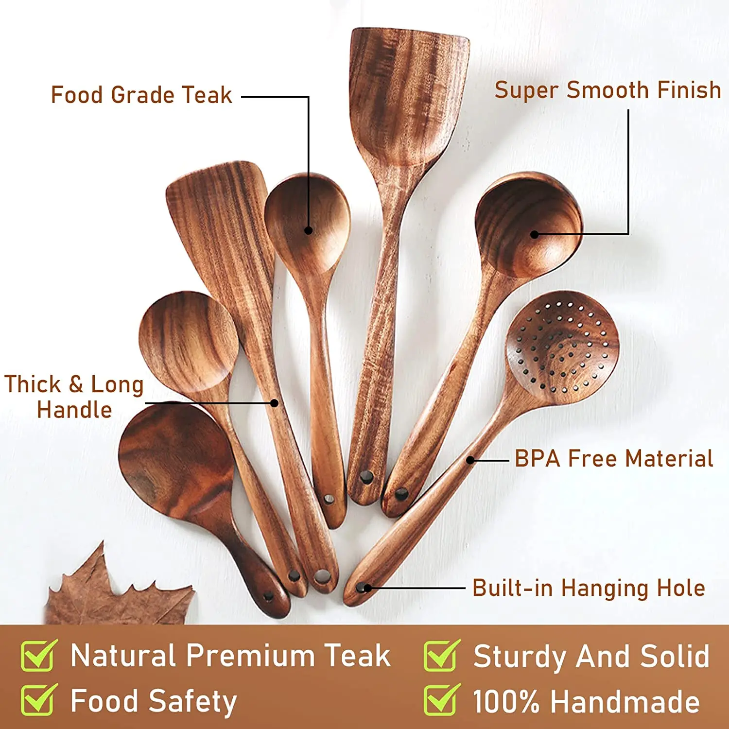 1~7PCS Thailand Teak Natural Wood Tableware Spoon Ladle Turner Long Rice  Colander Soup Skimmer