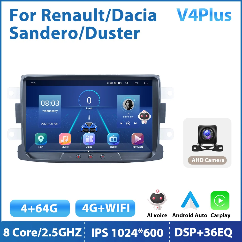 Podofo Android 10 Car Radio 8G+128G WIFI 4G 8 Cores Ai Voice Carplay GPS 8  Inch 2 Din DSP For Dacia Sandero/Duster/Dokker/Logan - AliExpress