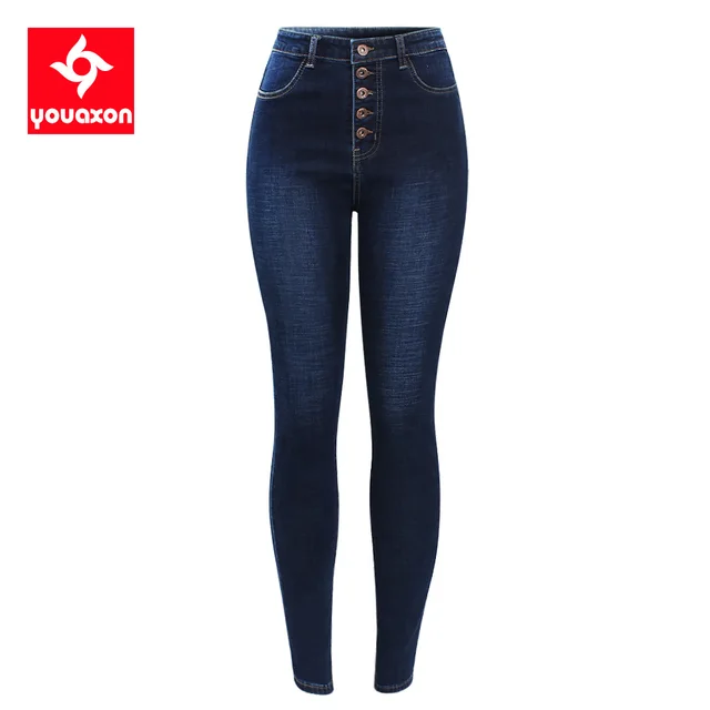 2141 Youaxon New Warm High Waist Jeans For Women Stretchy Dark Blue Button Fly Denim Skinny Pants Trousers-animated-img