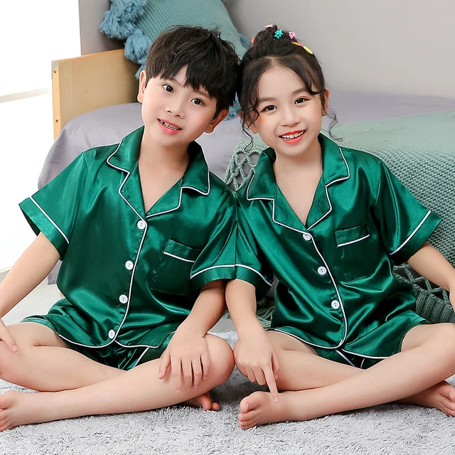 Children's Clothing Teen Girl Pink Satin Pajamas Long Sleeve Kids Homewear Clothes Boys Solid Nightshirt Silk Pijamas Baby Pjs-animated-img